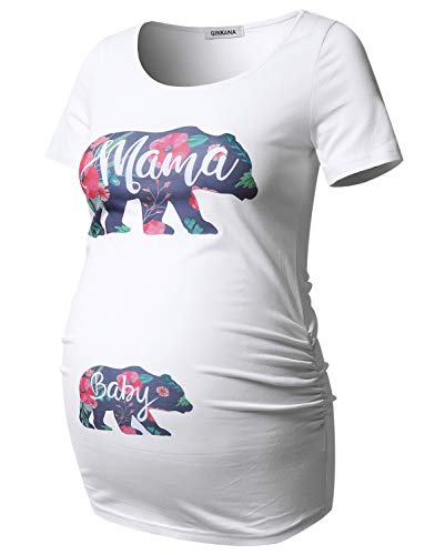 GINKANA Maternity Shirts Mama Bear Funny Pregnancy Tshirt Novelty Gift Wild Animal Family Tee,White with Two Bear,M
