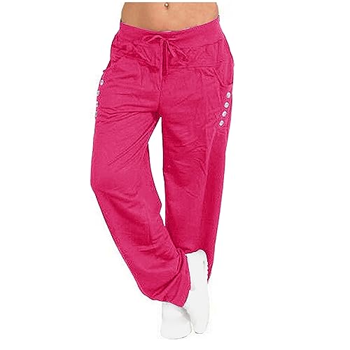 QTOCIO Women's High Waisted Sweatpants Workout Active Joggers Pants Baggy Fit Lounge Bottoms Fall Clothes with Button Pockets Women's Fleece Joggers Hot Pink