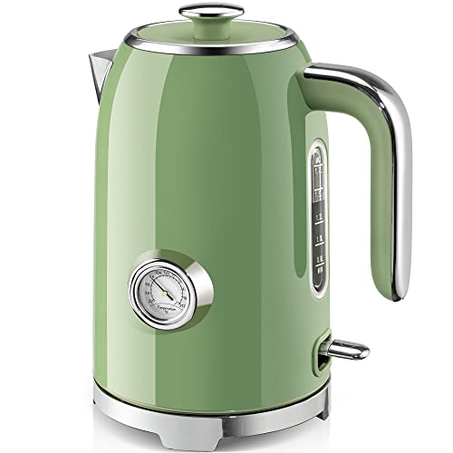 SUSTEAS Electric Kettle - 57oz Hot Tea Water Boiler with Thermometer, 1500W Fast Heating Stainless Steel Pot, Cordless LED Indicator, Auto Shut-Off & Boil Dry Protection, Retro Green