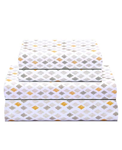 Feather & Stitch Softest 100% Cotton Sheets, 4 Pc Set, 300 Thread Count Percale Weave Bedding, 16' Deep Pocket, Cooling Sheets, Breathable Bed Set (Queen, Yellow Diamond)