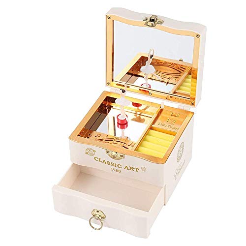 FOUUA Musical Jewelry Box, Ballerina Themed Girl Musical Jewellery Box, White Wind Up Kids Music Case with Drawer and Swan Lake Tune Gift for Daughter Girlfriend on Birthday Christmas Valentine's (White)