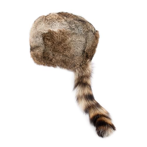 surell Coonskin Davy Crockett Hat - 100% Real Rabbit Fur Hat - Rabbit Fur Crown - Raccoon Tail Hat - Genuine Fur Crown - Unisex Winter Hat for Cold Weather - Brown
