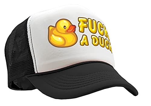 Fuck A Duck - Funny Dare Gift Gag Rubber Ducky - Vintage Retro Style Trucker Cap Hat (Black)