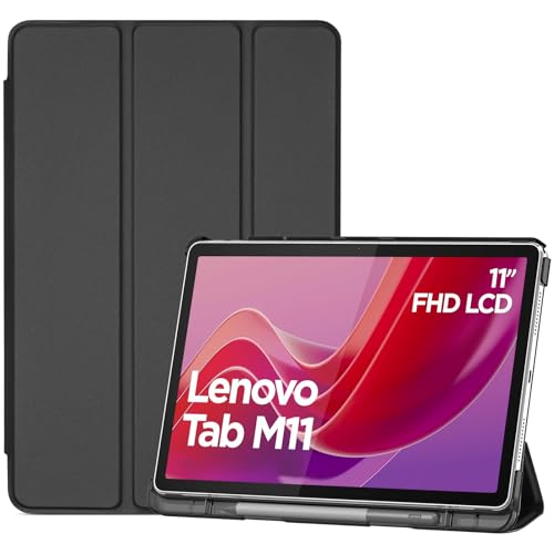 ProCase Smart Case for Lenovo Tab M11/Tab K11 LTE 11' 2024 TB330FU with Pen Holder, Slim Stand Tri-Fold Hard Shell Protective Tablet Cover Translucent Back Case Support Auto Wake/Sleep -Black