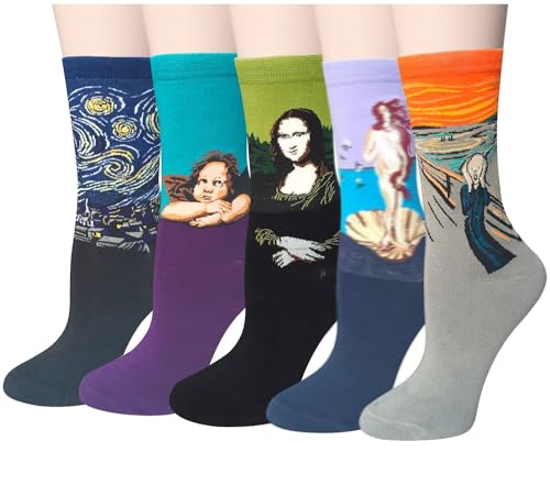 Chalier 5 Pairs Womens Famous Painting Art Printed Funny Casual Cotton Crew Socks, Art Painting B, Fits shoe size, mens 5-10, womens 6-11