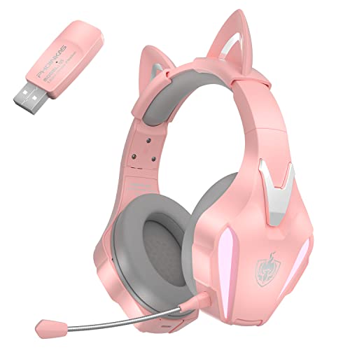 PHOINIKAS Wireless Gaming Headset for PS4 PS5 PC Nintendo Switch, 5.8G Wireless Over Ear Gamer Headphones with Detachable Mic, 3.5mm Wired Gaming Headset for Xbox One/Phone, 7.1 Stereo Sound - Pink