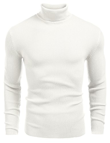 COOFANDY Men's Ribbed Slim Fit Knitted Pullover Turtleneck Sweater White Large