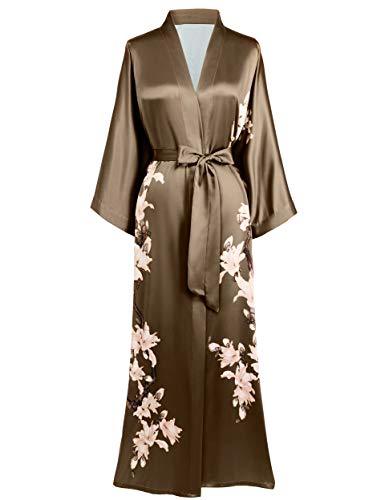 BABEYOND Kimono Robe Cover up Long Floral Satin Sleepwear Silky Bathrobe Bachelorette Robe (Coffee)