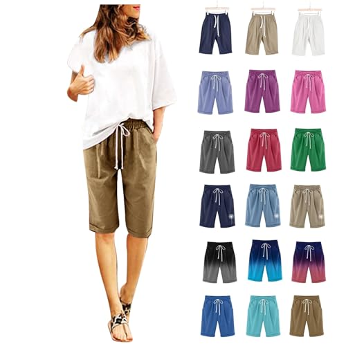 Generic Cotton Linen Shorts for Women Loose Fit Knee Length Bermuda Shorts Elastic Waist Workout Shorts Casual Summer Beach Shorts, Small, 032 Coffee