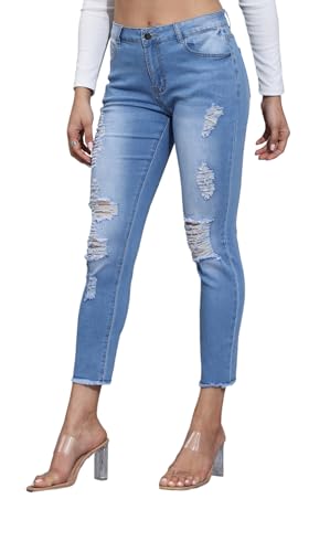 Women High Waist Skinny Stretch Ripped Jeans Cropped Knee Destroyed Denim Pants Light Blue