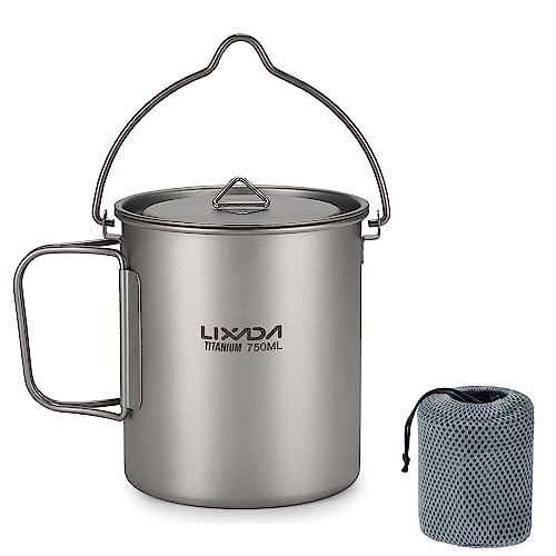 Lixada Titanium Water Mug Cup with Lid and Foldable Handle Ultralight 750ml Titanium Pot Portable Outdoor Camping Cooking Picnic