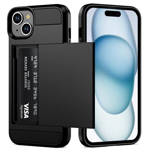 Vofolen Compatible with iPhone 15 Case with Card Holder, Dual Layer Shockproof Wallet Phone Case, Hidden Card Slot Sliding Protective Hard Shell Back Cover Slim Case for iPhone 15, 6.1 Inch Black