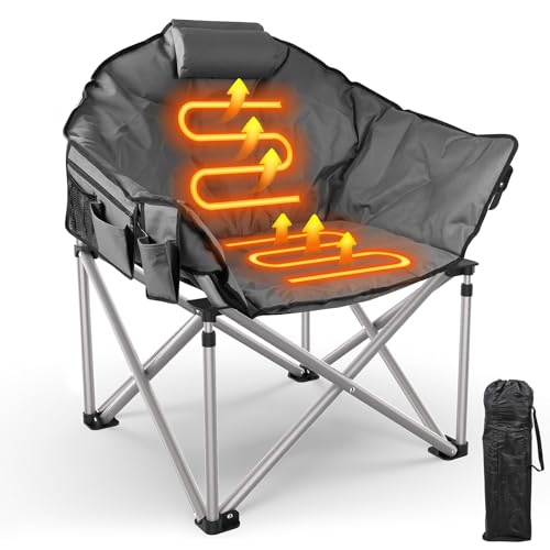Slendor Heated Camping Chair Oversized, Padded Heated Chair Outdoor Sports, 3 Heating Levels Adjustable Camping Chairs for Adults with Pillow, Storage Bag, Folding Outdoor Chair, Grey