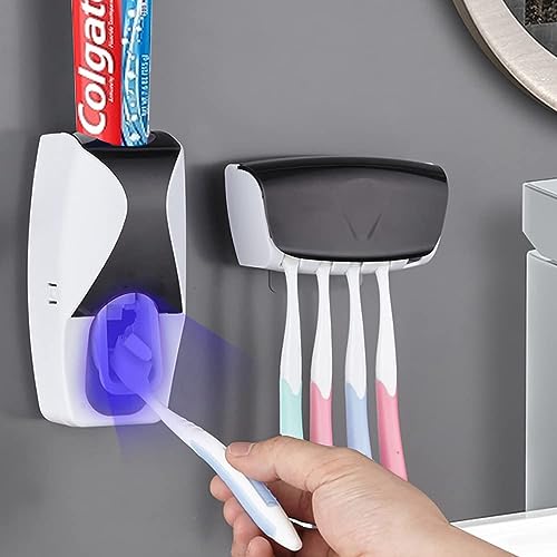 Automatic Toothbrush Dispenser Wall Mount Toothpaste Squeezer and Toothbrush Holder set for Kids Family Bathroom Use (Black)