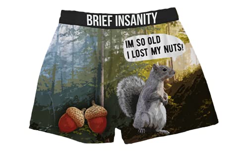 BRIEF INSANITY Comfortable Loose Fit Boxer Shorts | Lake & Woods Theme Design Graphic Boxers for Women & Men (Medium, I'm So Old I Lost My Nuts!)