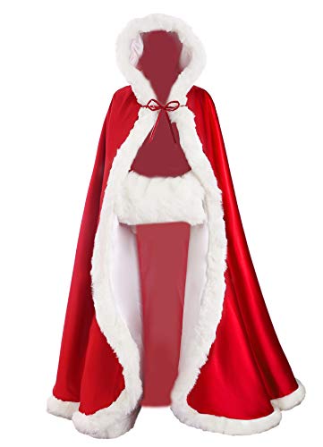BEAUTELICATE Wedding Cape Hooded Cloak for Bride Winter Reversible with Fur Trim Free Hand Muff Full Length 50'' Apple Red