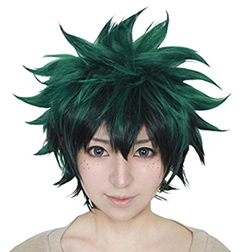 Anogol Hair Cap+Dark Green Wig Short For Anime Costume Short For Men Cosplay Wig Colored Wigs Pelucas De Colores For Halloween Party