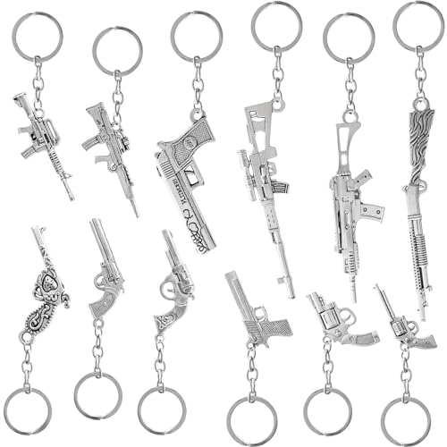 Rrshnsgv 12 Pack Mini Gun Keychains,Military Keychain,Silver Metal Pistol Key Ring Pendants,Gun Weapon Charm Pendant for Halloween Gifts Necklace DIY Making Accessaries