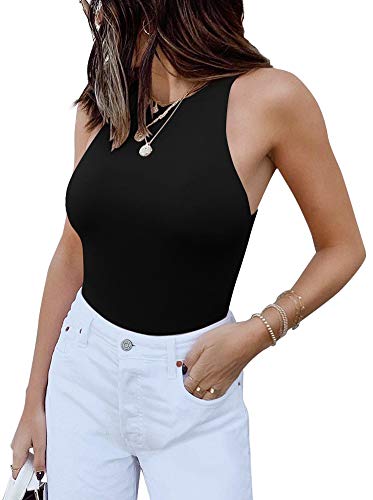 REORIA Womens Sexy Sleeveless High Neck Racer Back Halter Thong Bodysuits Leotard Tank Tops Black Medium