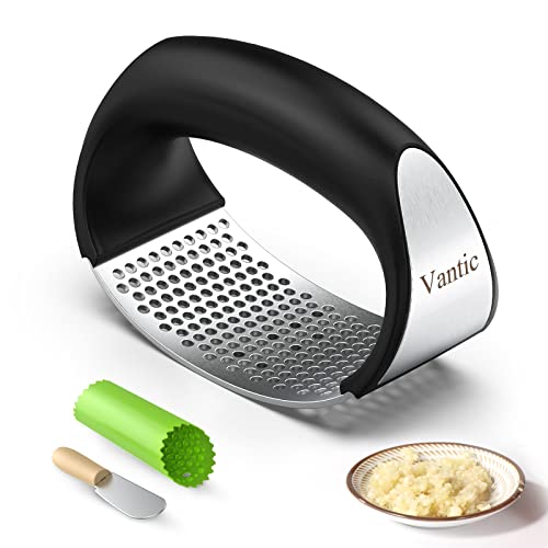 Vantic Garlic Press Rocker - Stainless Steel Garlic Mincer Garlic Crusher, New Innovative Garlic Chopper with Peeler and Scraper for Smash Garlic