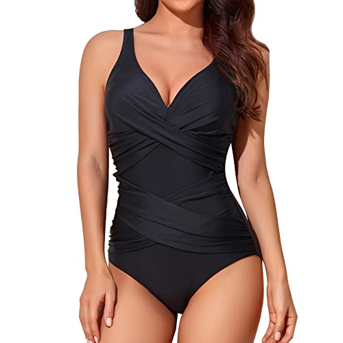 Smismivo Tummy Control Swimsuits for Women Slimming One Piece Bathing Suit Modest Padded Ruched Push Up Long Torso Curvy Shapewear V Neck Criss Cross Swimming Suits Full Coverage Swimwear (Black)
