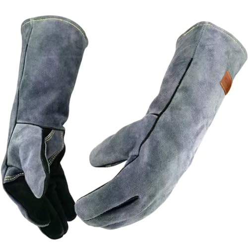 WZQH 16 Inches,932℉,Leather Forge Welding Gloves, Heat/Fire Resistant,Mitts for BBQ,Oven,Grill,Fireplace,Tig,Mig,Baking,Furnace,Stove,Pot Holder,Animal Handling Glove.Black-gray