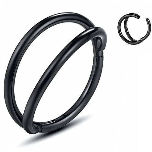 WBRWP Nose Ring Lip Rings Septum-Clicker: Double Black Nose Ring Hoops 16G 8mm 316L Surgical Steel Sleeper Earring Helix Rook Conch Cartilage Daith Tragus Earrings Nose Piercing Jewelry