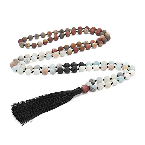 BALIBALI 8MM Beads Chakra Long Mala Necklace Natural Stone Meditation Statement Necklace Japa Yoga Rosary Prayer Charm Beaded Tassel Necklace