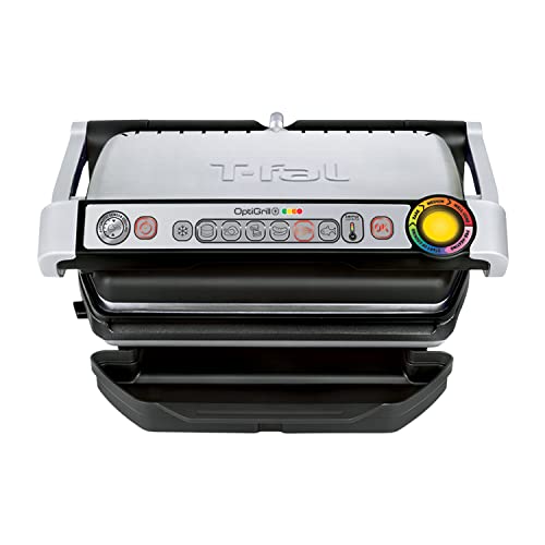 T-fal OptiGrill Stainless Steel Electric Grill 4 Servings 6 Automatic Cooking Modes, Intelligent grilling rare to well-done 1800 Watts Nonstick Removable Plates, Dishwasher Safe, Indoor, Silver