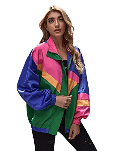 SweatyRocks Women's Zip Up Color Block Lightweight Jacket Patchwork Sport Windbreaker Jacket Coat Outerwear Multicolored L