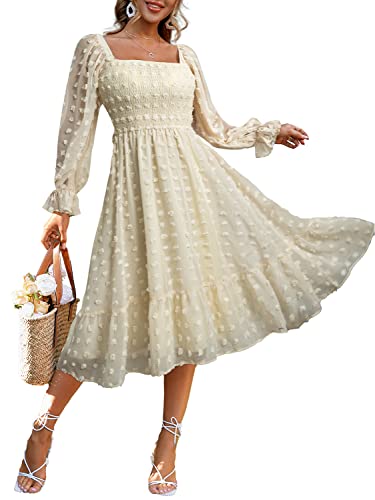 Amegoya Women's Elegant Square Neck Long Sleeve Formal Dress Fall Swiss Dot Modest Smocked Midi Wedding Guest Dress (Beige L)