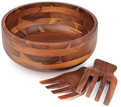 AIDEA Acacia Wood Salad Bowl Set with 2 Wooden Hands, Large Salad Bowl with Serving Utensils, Big Mixing Bowl for Fruits, Salad, Cereal, Corn flake,Pasta 11' Diameter x 4.5' Height