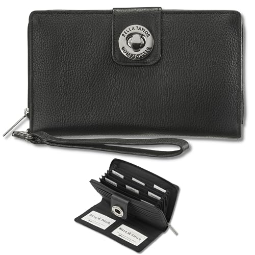 Bella Taylor RFID Wristlet Cash System Wallet for Cash Envelope Budgeting | Money Organizer Budget Wallet | Cash Stuffing Wallet | Genuine Black Leather