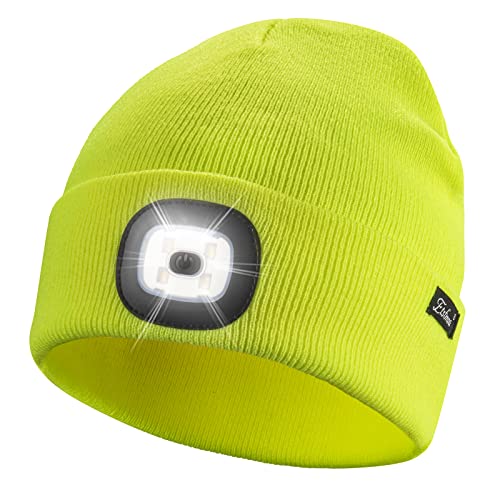 Etsfmoa Unisex Beanie with The Light Gifts for Men Dad Father USB Rechargeable Caps Fluorescent Yellow