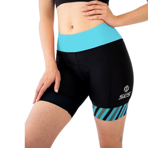 SLS3 Triathlon Shorts Women - Super Comfy 6' Tri Shorts Women Triathalon Shorts - Slim Athletic Fit Womens Tri Shorts FRT, Padded, 2 Pockets (Black/Martinica Blue, Medium)