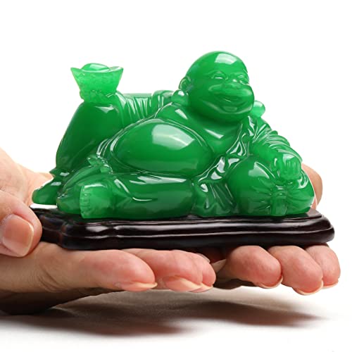 Happy Buddha Statue Green- Sitting Laughing Buddha Feng Shui Figurines Wealth and Good Luck for Home & Office Décor - Inspirational Religious Happy Samll Gifts, 5.3*3.9*3.5inch