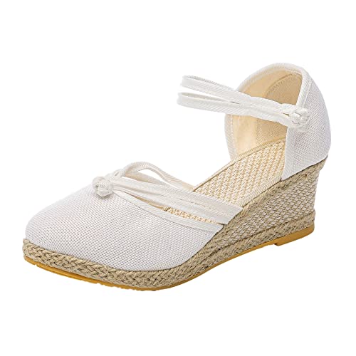 Shengsospp Women's Close Toe Espadrilles Wedge Sandals, Open Toe Elastic Ankle Strap Wedge Sandal Dress Shoes with Arch Support 04_White, 42
