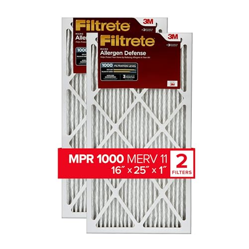 Filtrete 16x25x1 AC Furnace Air Filter, MERV 11, MPR 1000, Micro Allergen Defense, 3-Month Pleated 1-Inch Electrostatic Air Cleaning Filter, 2 Pack (Actual Size 15.719 x 24.72 x 0.84 in)