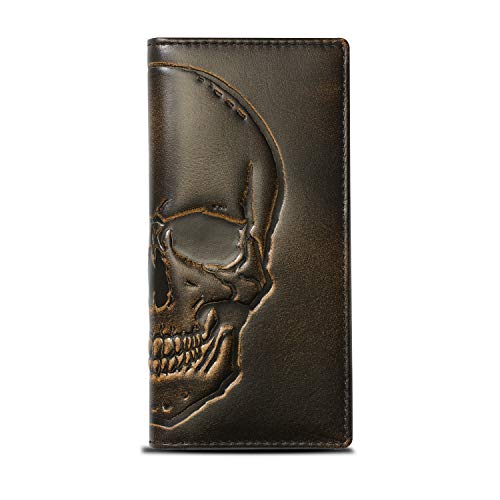 HoJ Co. SKULL Long Wallet For Men | Full Grain Leather with Hand Burnished Finish | Long Bifold Wallet | Rodeo Wallet | Biker Gift