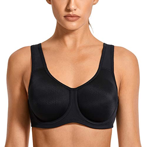 SYROKAN Women's Max Control Underwire Sports Bra High Impact Plus Size with Adjustable Straps Black 38DD