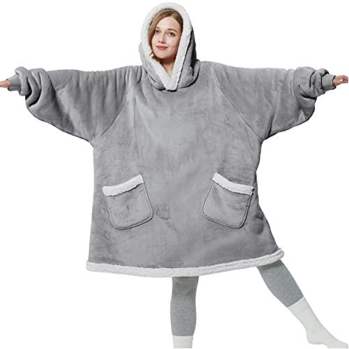 Bedsure Wearable Blanket Hoodie - Sherpa Fleece Hooded Blanket for Adult as A Gift, Warm & Comfortable Blanket Sweatshirt with Giant Pocket both Indoors and Outdoors (Standard, Grey)