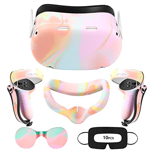 Ewalo for Oculus Quest 2 Accessories VR Premium Silicone Case Pink Face Skin Cover for Meta Quest 2, Full Protecton with Quest 2 Controller Grip Leather Cover, Lens Cover, Disposable Eye Cover