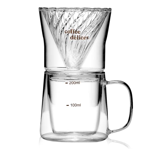 LEVERPRESSO HUGH Coffee Delices Pour Over Coffee Maker, Coffee Dripper Brewer & Glass Mug Set, High Heat Resistant Manual Coffee Dripper, 8 oz. (Paper Filter Included)
