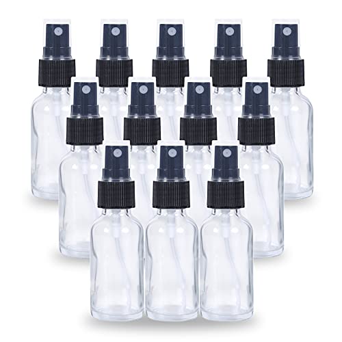 YONKAN 2oz Glass Spray Bottle, Fine Mist Boston Glass Bottles with Black Fine Mist Sprayer Small Clear Bottles for Essential Oils, Bath, Beauty, Hair & Cleaning, Clear, Pack of 12