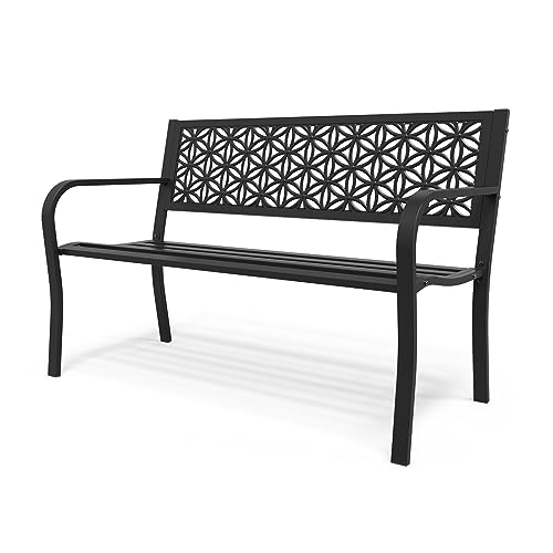 VINGLI 50' Outdoor Bench Metal with Floral Back, Garden Bench Front Porch Bench for Yard Patio Entryway Park Outside, 800lb Capacity - Black