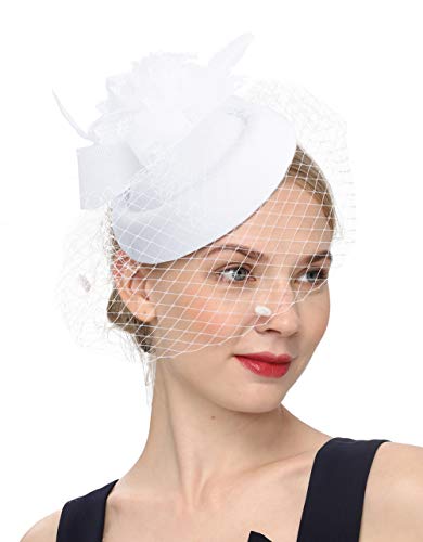 Cizoe Fascinator Hair Clip Pillbox Hat Bowler Feather Flower Veil Wedding Party Hat Tea Hat(1-White)