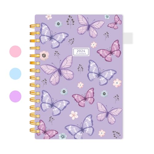 Allgod 2024 Planner Weekly & Monthly Agenda Book Yearly Calendar Planning To Do List Notebook,2024 Planner with Monthly Tabs, Inner Pocket,Waterproof Cover,Pen Loop,Spiral Bound (Purple Butterfly, A5)