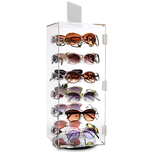 MOOCA Acrylic Lockable Rotating Sunglass Display Case, Acrylic Sunglasses Organizer, Sunglasses Display Stand, Eyeglass Case, Eyeglass Display Case With Mirror, 24 Frames