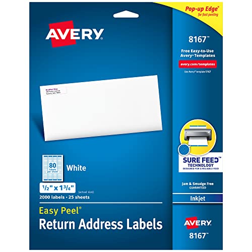 Avery Easy Peel White Inkjet Address Labels, Return, 8167, 1/2' x 1 3/4', Box of 2,000