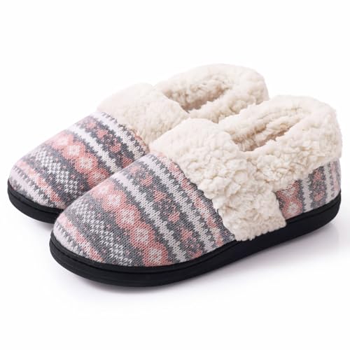 Evshine Women's Fuzzy Memory Foam Closed Back Slippers Knit Fleece Lined House Shoes for Indoor & Outdoor, Pink, 40-41 (Size 8-9)